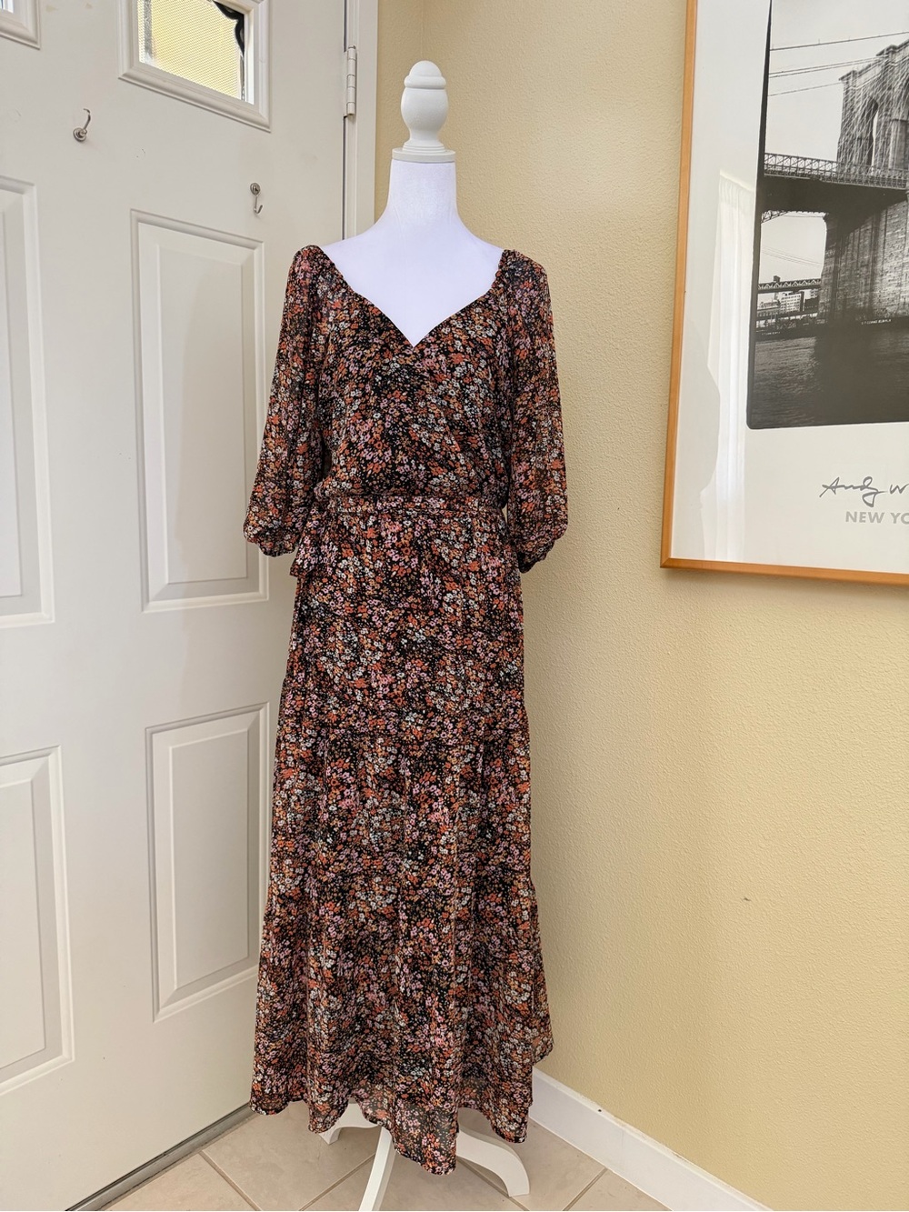 Yarn & Sea Brown Floral Long Sleeve Maxi Dress with Waist Tie Size Medium